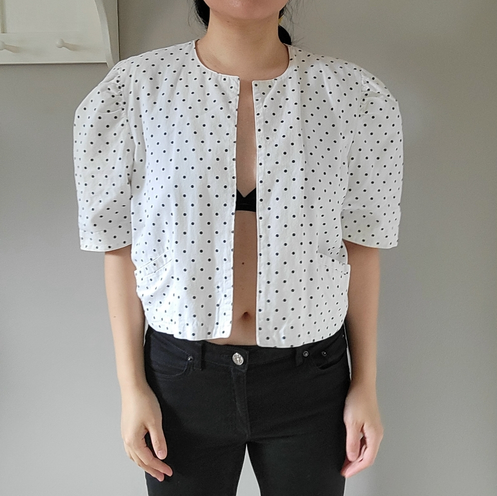vintage short puff sleeve crop polka dot jacket size small bolero corduroy top